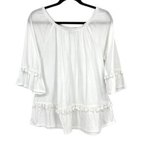 Sol + Luna 3/4 Sleeve Boho Peasant Blouse Womens Size Large White Tassel Trim